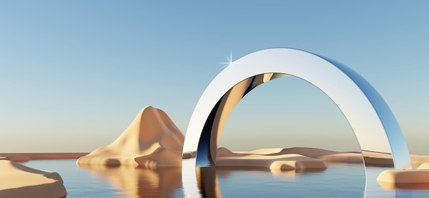 3D Abstract Dune sand with metallic Arches and blue sky Surreal minimal Desert natural landscape