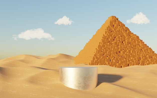 3D Abstract Dune sand with metallic Podium platform Surreal Desert natural landscape background