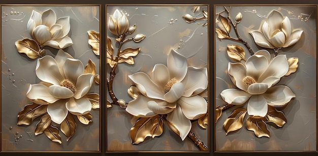 3d abstract flower artwork with golden and white flowers for interior decoration