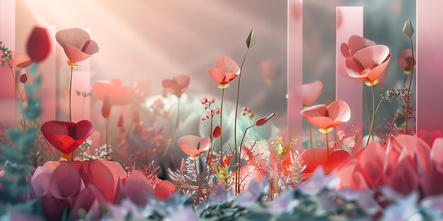 3D Abstract Flower Garden in Modern Minimalism Flower Garden with Ruby Rose and Pistachio Hues