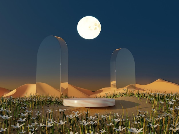 3D Abstract of flowers and plant with Podium stand Surreal Night Desert landscape with mirror arches