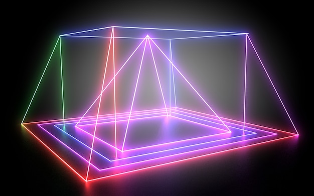 3D abstract geometric background with neon lights. 3d illustration