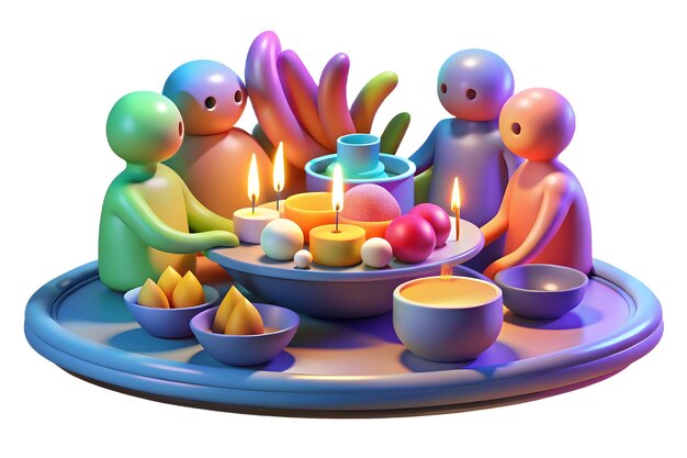 Photo 3d abstract glowing group enjoying a digital feast with vibrant glowing food elements concept as a j