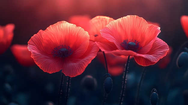 Photo 3d abstract glowing poppy with text remember the heroes concept as an emotional banner design featur