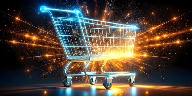 3D Abstract Glowing Shopping Cart Cyber Monday Online Shopping Concept with Vibrant Digital Partic