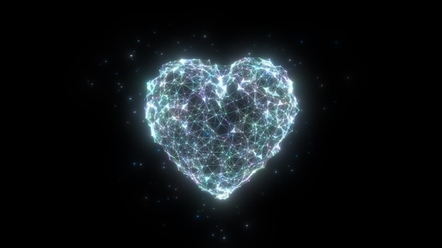 3D abstract heart shape is assembled from dots and lines Isolated background