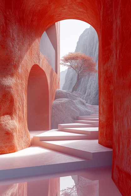 a 3D abstract landscape with subtle red and white hues