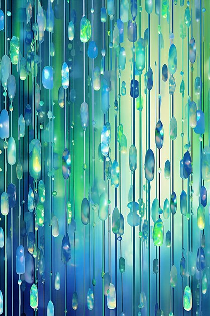 a 3D abstract poster with geometric raindrops in varying shades of blue and green