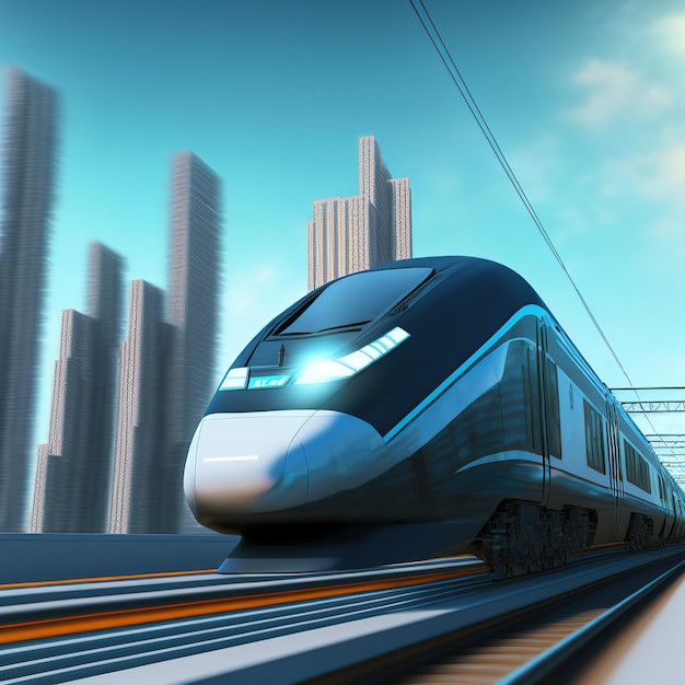 3d abstract railway travel concept Fast express passenger train Modern urban 3d illustration