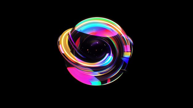 A 3D abstract sphere in a swirling colorful pattern against a black background