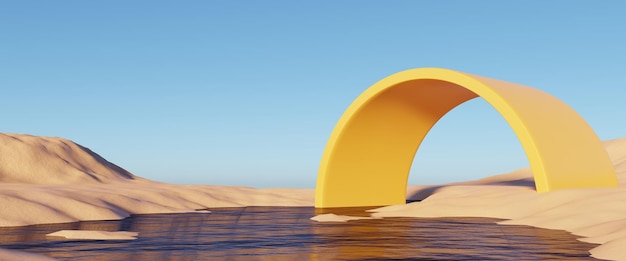 3D Abstract Surreal Dune cliff sand with metallic Arches and blue sky Desert natural landscape