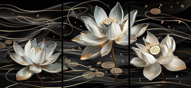 3D abstract wallpaper dark background with lotus flowers and gold lines in three panels for home decoration