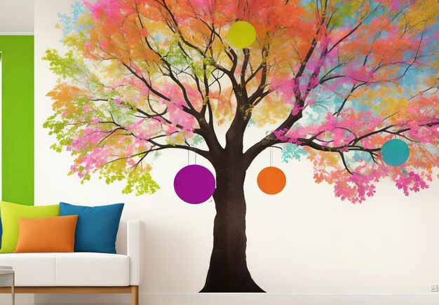 3D abstract wallpaper design that features a colorful tree with hanging branches and multicolored le