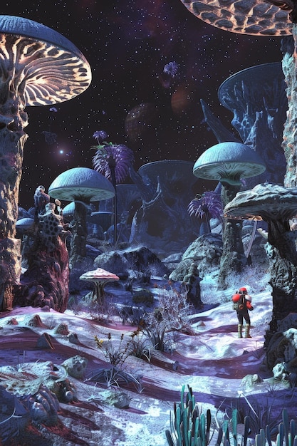 A 3D alien planet with strange landscapes bizarre plants and explorers investigating the terrain