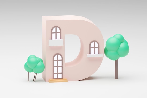 Photo 3d alphabet letters shape made of tiny house on grey background 3d render letter d