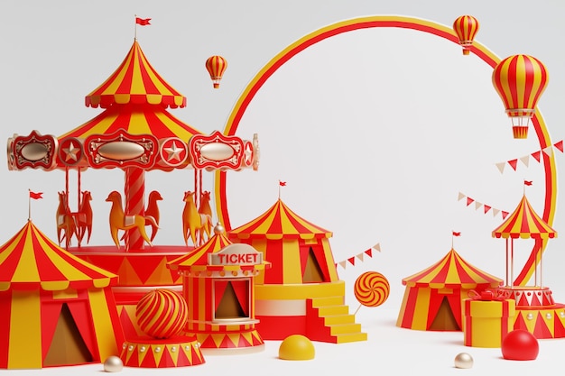 3d amusement park, circus, carnival fair theme podium with many rides and shops circus tent