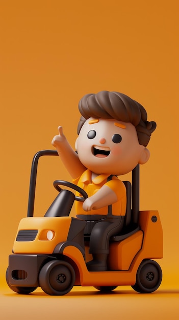 3D Animated Boy Driving Cartoon Forklift Cute Character Illustration in Bright Orange Background