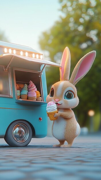 Photo 3d animated bunny enjoying flavored ice cream cute bunny