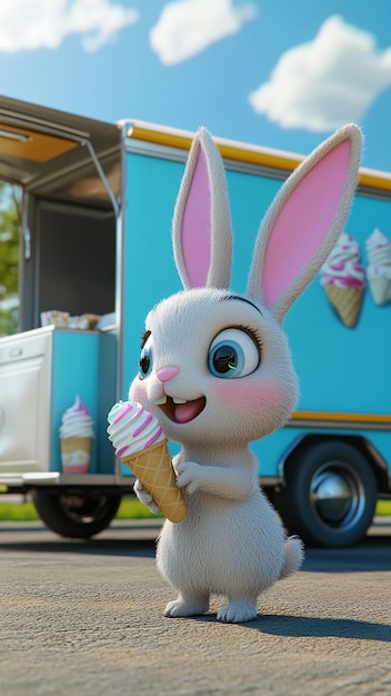 Photo 3d animated bunny enjoying flavored ice cream cute bunny