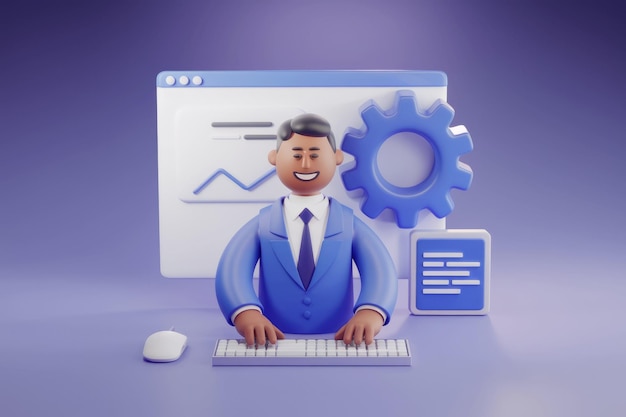 3D Animated Character In Blue Suit Working At Digital Workspace