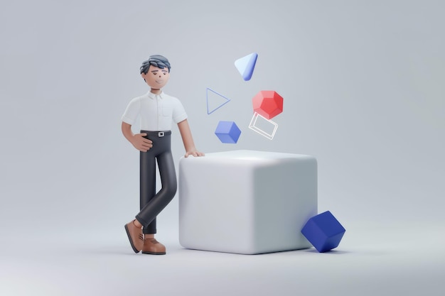 Photo 3d animated character with geometric shapes on a white cube