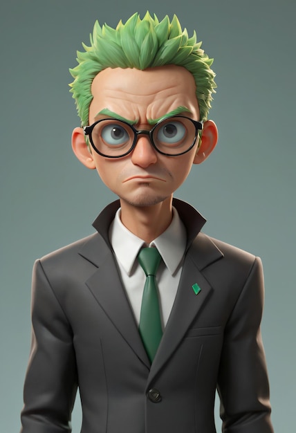 3D animated character with green hair glasses and formal suit showing a serious mood