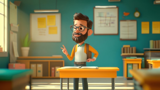 Photo 3d animated classroom with a teacher in glasses explaining at the front