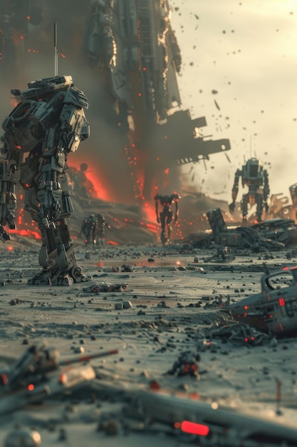 Photo a 3d animated depiction of a futuristic battle scene with robots and soldiers in an apocalyptic setting