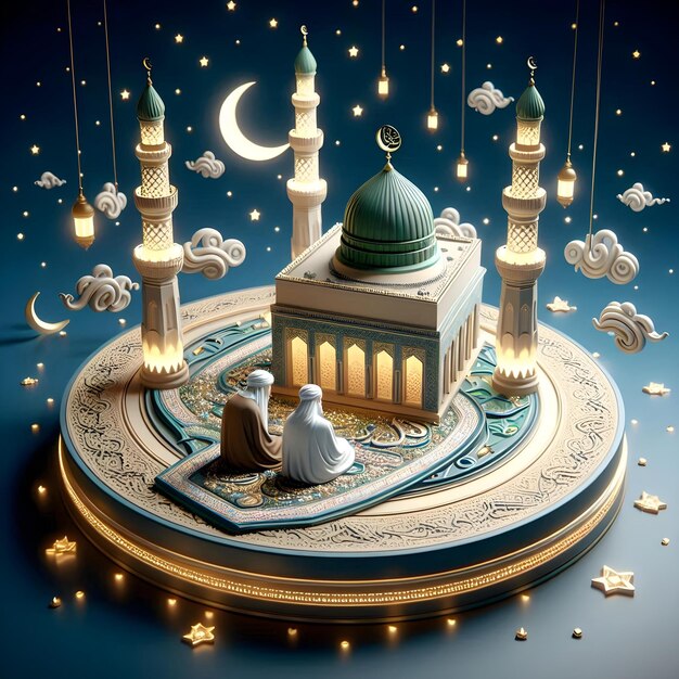 Photo 3d animated eid miladunnabi image with mosque and golden border