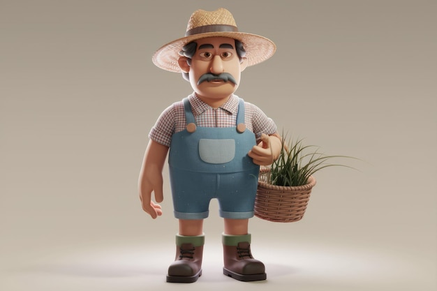 3D Animated Farmer Character With Straw Hat and Mustache Holding Basket of Grass