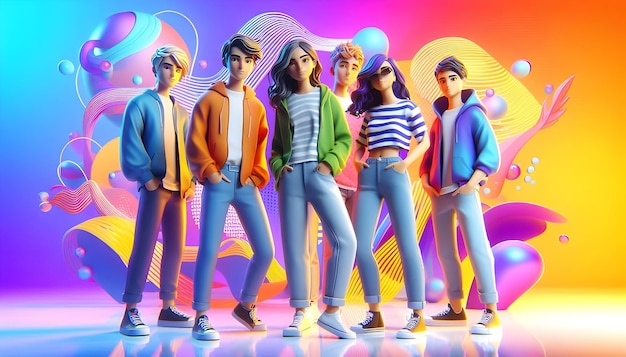 Photo a 3d animated group of young adults casually dressed standing in front of a colorful abstract back