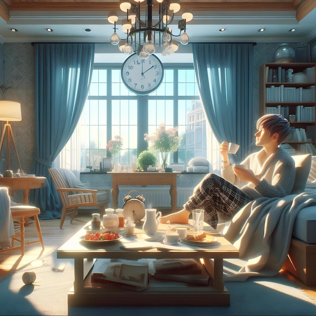 3D animated image of enjoying morning time inside