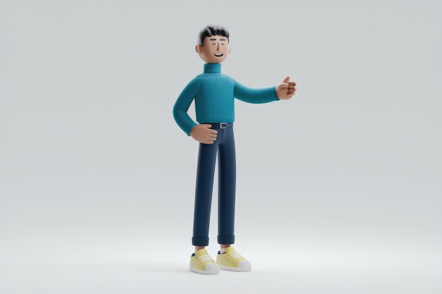 A 3D animated man wearing blue sweater and jeans gives thumbs up