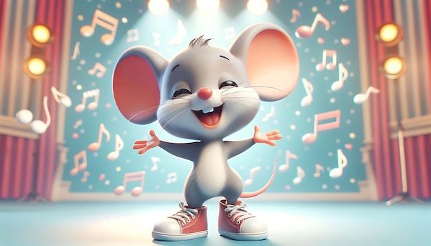 Photo 3d animated mouse dancing joyfully with music notes in the background