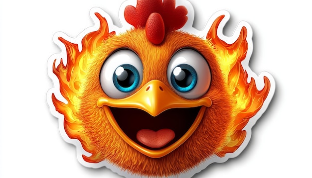 Photo 3d animated sticker of chicken on fire with big face