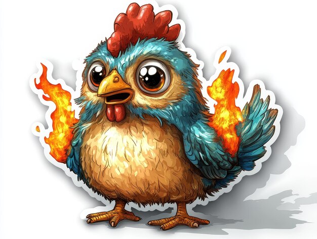 Photo 3d animated sticker of chicken on fire with big face