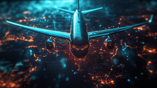 Photo 3d animation of an airplane flying over a brightly lit city at night