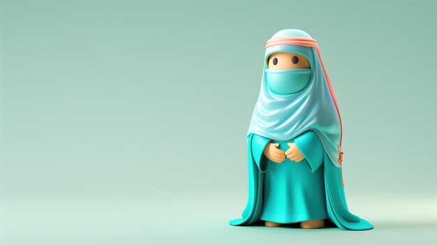 Photo 3d animation of cartoon character in teal niqab and hijab against mint background with copy space