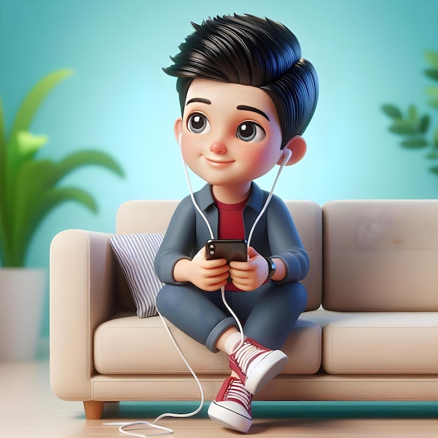 3D Animation Cute Cartoon Boy Sitting with Mobile