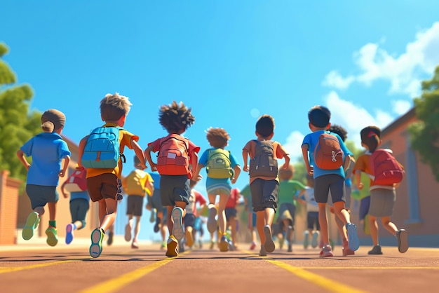 3D animation illustration of Group of elementary school kids running at school back view back to school