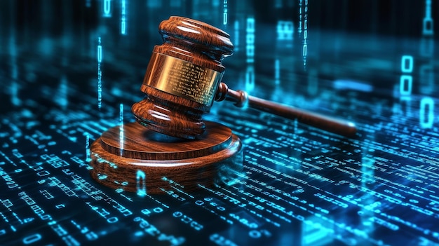 Photo 3d animation of a judges gavel on a digital code background symbolizing cyber law