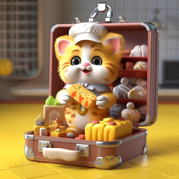 3D animation kitten chef making a cake on bakery with yellow suitcase