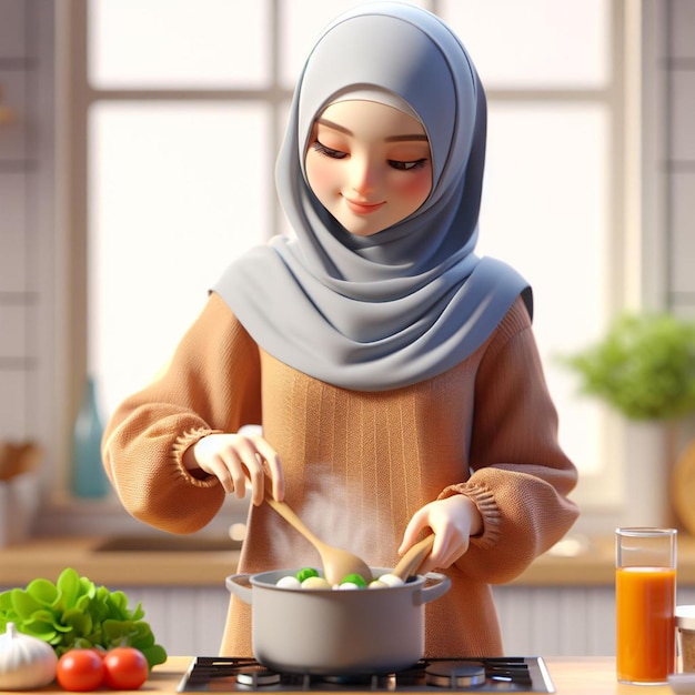 3D animation of a mother cooking in the kitchen