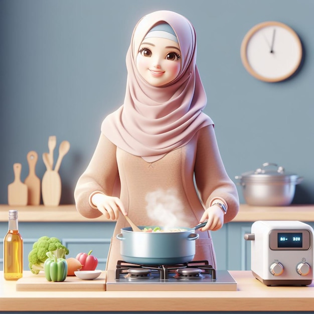 3D animation of a mother cooking in the kitchen