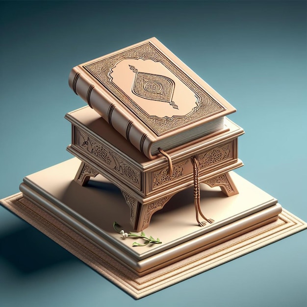 Photo 3d animation of quran on a folding table on a box podium