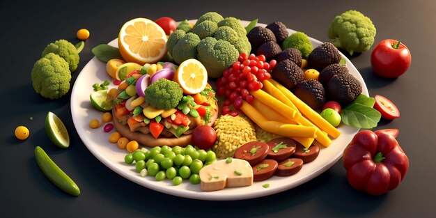 3D Animation Render Plate Full of Vegan Food