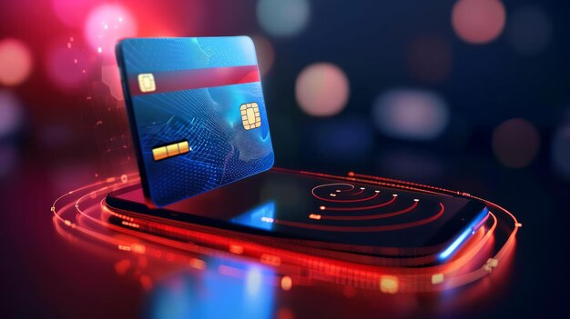 A 3D animation of a secure smartphone transaction with a digital payment card emerging and a wave of data particles highlighting concepts of mobile banking cybersecurity and modern finance