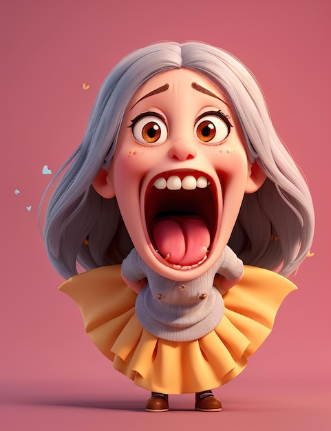 3d animation of startled amazed woman screaming with wide eyes