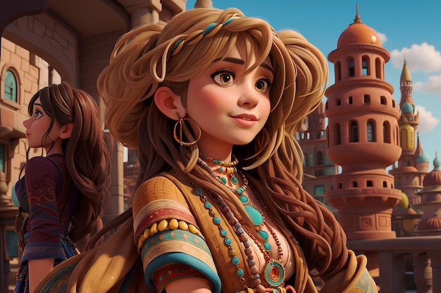 A 3D animation style featuring a beautiful woman against a backdrop of bohemian city landmarks