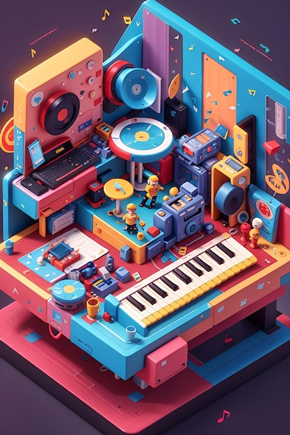 3D Animation Style Flyer with abstract music theme isometric design